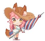  1girl :3 animal_ears beach_umbrella blush breasts chibi ears_through_headwear fate/grand_order fate_(series) fox_ears fox_tail hat heart innertube large_breasts looking_at_viewer lowres mochii parasol pink_hair pixiv_username shirt simple_background solo straw_hat t-shirt tail tamamo_(fate)_(all) tamamo_no_mae_(swimsuit_lancer)_(fate) umbrella white_background yellow_eyes 