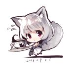  1girl :&lt; animal_ears bangs bare_arms blush chibi coffee coffee_cup cup dated dress eyebrows_visible_through_hair flying_sweatdrops fox_ears fox_girl fox_tail holding holding_saucer long_hair looking_at_viewer nose_blush original parted_lips saucer silver_hair sleeveless sleeveless_dress tail triangle_mouth violet_eyes white_background white_dress yuuji_(yukimimi) 