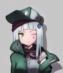  1girl bangs bare_shoulders black_scarf blue_hair blunt_bangs blush buckle coat facial_mark girls_frontline green_coat green_eyes green_hat grey_background hat hk416_(girls_frontline) lips long_hair looking_at_viewer open_clothes open_coat qiancong scarf simple_background solo straight_hair upper_body v-shaped_eyebrows 