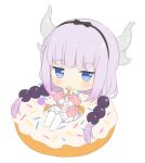  1girl bangs black_bow blue_eyes blunt_bangs blush bow chibi commentary doughnut dress english_commentary eyebrows_visible_through_hair food hair_bow hairband hitsukuya holding horns in_food kanna_kamui kobayashi-san_chi_no_maidragon long_hair long_sleeves looking_at_viewer low_twintails minigirl pink_dress purple_hair simple_background sitting solo thigh-highs twintails very_long_hair white_background white_legwear 