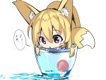  1girl :&lt; animal_ears bangs blonde_hair blush_stickers chibi cup drinking_glass eyebrows_visible_through_hair fox_ears fox_girl fox_tail hair_between_eyes in_container long_hair original red_eyes sidelocks solo tail translation_request triangle_mouth water white_background yuuji_(yukimimi) 