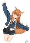  1girl alternate_costume animal_ears brown_hair coat eyebrows_visible_through_hair holo long_hair open_mouth red_eyes shorts simple_background sleeves_past_wrists smile solo spice_and_wolf tail viktorf wolf_ears wolf_tail 