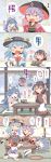  4girls 4koma absurdres ahoge angel_wings bent_knees black_hat blue_eyes blue_hair blue_skirt bow bowl bowl_hat comic commentary_request cup debt demon_wings dress drinking_glass fish food fruit hair_bow halo hat highres hinanawi_tenshi horns jacket japanese_clothes jitome keikou_ryuudou kijin_seija kimono lavender_eyes lavender_hair leaf multicolored_hair multiple_girls open_mouth peach pointing red_eyes sash seiza sitting skirt sleeping stuffed_animal stuffed_cat stuffed_toy sukuna_shinmyoumaru table tatami touhou translation_request tray upside-down window wings yorigami_shion 