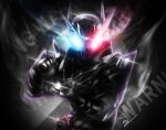  dated fighting_stance glowing glowing_eyes heterochromia highres kamen_rider kamen_rider_build kamen_rider_build_(series) rabbit+tank_form_(black_hazard) sign signature steam warning_sign 