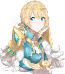  1girl absurdres blonde_hair blue_eyes blue_hair crown earrings feather_trim fire_emblem fire_emblem_heroes fjorm_(fire_emblem_heroes) gradient_hair highres jackii jewelry looking_at_viewer multicolored_hair short_hair simple_background solo 