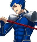  1boy abs blue_bodysuit blue_hair bodysuit commentary_request earrings fate/grand_order fate/stay_night fate_(series) gae_bolg grin hand_up holding holding_weapon jewelry lance lancer long_hair long_sleeves looking_at_viewer male_focus polearm ponytail red_eyes simple_background sleeves_past_wrists smile solo spaulders upper_body weapon white_background zonotaida 