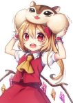  &gt;:o 1girl arms_up ascot blonde_hair blush crystal flandre_scarlet highres kyouda_suzuka long_hair looking_at_viewer red_eyes side_ponytail simple_background squirrel stuffed_squirrel teeth touhou translation_request white_background wings wrist_cuffs 