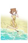  1girl ;) barefoot beatrice_(princess_principal) brown_hair double_bun dripping footprints full_body hand_on_own_leg hand_up highres listening ocean official_art one_eye_closed outdoors princess_principal princess_principal_game_of_mission sand seashell shell shirt short_hair shorts sitting smile solo tools yellow_shirt yellow_shorts 