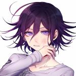  1boy blood bruise_on_face chains collarbone dangan_ronpa grey_shirt hair_between_eyes hand_up highres long_sleeves looking_at_viewer male_focus nanin new_dangan_ronpa_v3 nosebleed ouma_kokichi parted_lips purple_hair shirt smile torn_clothes torn_skirt upper_body v-shaped_eyebrows violet_eyes white_background wiping_face 
