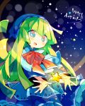 1girl :d ana_(rznuscrf) bangs blue_dress blue_eyes blue_hat blush bow capelet character_request dress eyebrows_visible_through_hair green_hair hat long_hair long_sleeves looking_away open_mouth outstretched_arms puyopuyo red_bow smile solo star star-shaped_pupils symbol-shaped_pupils very_long_hair white_capelet wide_sleeves 