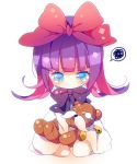  1girl 3: ana_(rznuscrf) bangs blue_eyes blush bow closed_mouth dress eyebrows_visible_through_hair feli_(puyopuyo) full_body hair_bow holding holding_stuffed_animal long_hair long_sleeves looking_at_viewer purple_bow purple_hair puyopuyo red_bow seiza sitting solo spoken_squiggle squiggle stuffed_animal stuffed_toy tears teddy_bear v-shaped_eyebrows white_background white_dress 