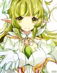  1girl closed_mouth daybreaker_(elsword) elsword gloves green_eyes green_hair green_neckwear long_hair looking_at_viewer necktie no_nose outstretched_hand pointy_ears rena_(elsword) runia_(runia0) signature simple_background smile solo upper_body white_background white_gloves 