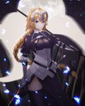  1girl armor armored_dress bangs bow braid breasts chains eyebrows_visible_through_hair fate/apocrypha fate_(series) gloves glowing gywlsfkdl hair_between_eyes hair_bow highres hips jeanne_d&#039;arc_(fate) jeanne_d&#039;arc_(fate)_(all) large_breasts long_hair looking_at_viewer single_braid solo standing sword very_long_hair weapon 