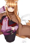  1girl animal_ears brown_hair eyebrows_visible_through_hair hand_on_hip holo long_hair pants red_eyes simple_background smile solo spice_and_wolf tail viktorf wolf_ears wolf_tail 