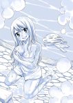  1girl barefoot breasts cleavage cobblestone fairy_tail kneeling long_hair looking_at_viewer lucy_heartfilia mashima_hiro monochrome naked_towel onsen plue smile solo steam towel wet 