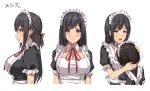  1girl age_difference apron bangs black_hair blush breasts closed_mouth detached_collar eyebrows_visible_through_hair frilled_apron frilled_sleeves frills from_side hair_ribbon hands_on_another&#039;s_head height_difference highres large_breasts long_hair maid maid_headdress mole mole_on_breast multiple_views neck_ribbon open_mouth original profile puffy_short_sleeves puffy_sleeves raised_eyebrows red_neckwear red_ribbon ribbon round_teeth short_sleeves simple_background smile takocha tareme teeth translation_request upper_body violet_eyes white_apron white_background wing_collar 