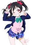  1girl 2018 \m/ arms_up black_hair blazer blue_jacket blue_skirt blush bow bowtie contrapposto double_\m/ eyebrows_visible_through_hair green_bow green_neckwear hair_bow head_tilt highres jacket legs_apart long_hair long_sleeves looking_at_viewer love_live! love_live!_school_idol_project miniskirt nico_nico_nii open_blazer open_clothes open_jacket otonokizaka_school_uniform pink_bow plaid plaid_skirt pleated_skirt red_eyes signature simple_background skirt solo standing striped striped_bow takeya_yuuki tareme white_background wing_collar yazawa_nico 