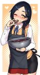  1girl apron bangs bike_shorts black_hair black_legwear blue_ribbon blush bowl chocolate collared_shirt commentary cowboy_shot finger_licking finger_to_mouth food food_on_face hair_ornament hairclip heart holding holding_bowl kantai_collection kuroshio_(kantai_collection) licking long_sleeves looking_at_viewer mixing_bowl neck_ribbon open_mouth orange_eyes parted_bangs ribbon shirt solo sweater_vest taketora_suzume thick_eyebrows white_shirt 