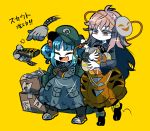  2girls backpack bag blue_eyes box closed_eyes crossed_arms fang green_hat hat hata_no_kokoro holding holding_mask kawashiro_nitori long_hair mask mechanical_arm multiple_girls no_nose open_mouth pink_eyes pink_hair smile standing touhou translation_request very_long_hair yellow_background yt_(wai-tei) 