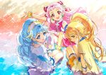  3girls :d arm_up beach blonde_hair blue_eyes blue_hair brown_eyes commentary_request cure_ange cure_etoile cure_yell earjob earrings hoshi_(xingspresent) hugtto!_precure jewelry kagayaki_homare looking_at_viewer looking_back magical_girl midriff multiple_girls nono_hana open_mouth pink_eyes pink_hair precure sitting smile star star_earrings water wrist_cuffs yakushiji_saaya 