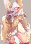  1girl absurdres blush cowboy_shot ears_through_headwear furry grey_background hands_on_own_face hands_up hat hideko_(l33l3b) highres horns looking_at_viewer nanachi_(made_in_abyss) orange_eyes paws pokemon puffy_pants simple_background solo tail topless white_hair 