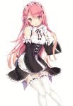  1girl absurdres alternate_hair_length alternate_hairstyle bare_shoulders breasts cowboy_shot detached_sleeves eyes_visible_through_hair garter_straps hair_ornament hair_over_one_eye highres long_hair looking_at_viewer maid pink_eyes pink_hair ram_(re:zero) re:zero_kara_hajimeru_isekai_seikatsu shiino_sera simple_background small_breasts solo white_background white_legwear x_hair_ornament 