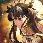 1girl bangs black_bow bow closed_mouth commentary_request earrings eyebrows_visible_through_hair fate/grand_order fate_(series) hair_bow hoop_earrings ishtar_(fate/grand_order) jewelry long_hair looking_at_viewer parted_bangs red_eyes smile solo space two_side_up upper_body zonotaida 