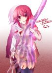  1girl :d blood blood_on_face bloody_clothes chaos;child highres hood hoodie medium_hair nishijou_myu onoe_serika open_mouth red_eyes redhead short_hair smile solo sword thigh-highs weapon 