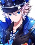  1boy abysser_(elsword) black_gloves black_hat blue_eyes blue_neckwear ciel_(elsword) closed_mouth coat cross cross_earrings earrings elsword expressionless gloves hat jewelry looking_at_viewer male_focus necktie no_nose peaked_cap pointy_ears runia_(runia0) signature simple_background solo symbol-shaped_pupils upper_body white_background white_hair 