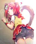  1girl :3 ? ai_ai_gasa ana_(rznuscrf) andou_ringo animal_ears ass bike_shorts black_shorts cat_ears cat_girl cat_tail closed_mouth english kemonomimi_mode long_hair looking_at_viewer looking_back low_twintails osomatsu-san pleated_skirt puyopuyo red_skirt redhead ringlets shirt short_sleeves shorts skirt solo sweater_vest tail translation_request twintails white_shirt wristband yellow_eyes 