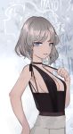  1girl alternate_costume bare_arms bare_shoulders black_choker blue_eyes braid breasts character_name choker cleavage commentary_request cowboy_shot hand_on_hip heart hillly_(maiwetea) izayoi_sakuya looking_at_viewer medium_breasts parted_lips short_braid short_hair sideboob silver_hair solo standing touhou twin_braids 