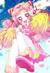  1girl :d blush clouds confetti cropped_feet cure_yell double_bun flower hair_flower hair_ornament hair_ribbon heart_hair_ornament highres holding hugtto!_precure kojiko_(kizikoriann) long_hair looking_at_viewer magical_girl nono_hana open_mouth pink_eyes pink_footwear pink_hair pink_shirt pink_skirt pom_poms precure red_ribbon ribbon shirt shoes skirt sky smile solo thigh-highs white_legwear zettai_ryouiki 