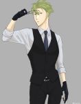  1boy alternate_costume aran artist_name eyewear_removed fire_emblem fire_emblem:_akatsuki_no_megami formal gloves green_eyes green_hair grey_background male_focus necktie open_mouth simple_background solo staff suit tyu2me2 upper_body 