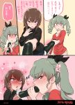  2girls absurdres anchovy aomushi_(mushamusha) bangs blush brown_hair cellphone drill_hair ehoumaki food girls_und_panzer green_hair heart highres long_hair makizushi multiple_girls nishizumi_maho open_mouth phone red_eyes setsubun sexually_suggestive short_hair smartphone sushi sweat translation_request turtleneck twin_drills twintails v-neck 