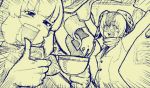  2girls :d animal_ears arms_up bird_wings buttons campo_flicker_(kemono_friends) cup emphasis_lines eyebrows eyebrows_visible_through_hair feathered_wings feathers giraffe_ears giraffe_print glasses head_wings holding holding_cup kemono_friends kouson_q long_sleeves monochrome multiple_girls open_mouth reticulated_giraffe_(kemono_friends) scarf short_hair smile tea teacup teeth thumbs_up towel v-shaped_eyebrows wings 