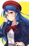  1girl bai_banca bangs beret blue_hair closed_mouth commentary_request eyebrows_visible_through_hair frills hair_between_eyes hand_in_hair hat highres jacket long_hair looking_at_viewer love_live! love_live!_school_idol_project open_clothes open_jacket red_ribbon ribbon simple_background solo sonoda_umi upper_body yellow_eyes 