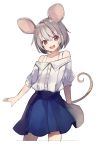  1girl :d absurdres alternate_costume animal_ears bangs blue_skirt brown_eyes buttons cowboy_shot eyebrows_visible_through_hair grey_hair highres looking_at_viewer mouse_ears mouse_tail nazrin open_mouth pleated_skirt shugao simple_background skirt smile solo tail touhou white_background 