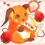  :d blush checkered checkered_background fang food fruit full_body heart hideko_(l33l3b) holding holding_food looking_at_viewer no_humans open_mouth orange_eyes pink_background pokemon pokemon_(creature) raichu sitting smile solo strawberry 