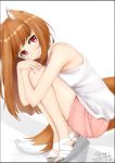  1girl alternate_costume animal_ears brown_hair eyebrows_visible_through_hair holo long_hair red_eyes shorts solo spice_and_wolf tagme tail underwear viktorf wolf_ears wolf_tail 