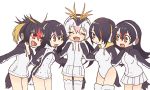  5girls :d ^_^ black_hair black_jacket blonde_hair brown_eyes closed_eyes cowboy_shot doremifa_rondo_(vocaloid) drawstring emperor_penguin_(kemono_friends) eyebrows_visible_through_hair gentoo_penguin_(kemono_friends) hair_between_eyes hair_over_one_eye hand_on_another&#039;s_back headphones hood hoodie humboldt_penguin_(kemono_friends) jacket kemono_friends leotard long_hair looking_at_viewer low_twintails miniskirt multicolored multicolored_clothes multicolored_hair multicolored_jacket multiple_girls official_art open_mouth orange_hair penguin_tail penguins_performance_project_(kemono_friends) pink_hair pleated_skirt pocket red_eyes redhead rockhopper_penguin_(kemono_friends) royal_penguin_(kemono_friends) simple_background skirt smile streaked_hair tama_(songe) thigh-highs turtleneck twintails white_background white_hair white_jacket white_legwear white_skirt 