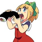  1girl absurdres blonde_hair blue_eyes blush_stickers dress eyebrows_visible_through_hair food hair_ribbon highres looking_at_viewer monjaosu ponytail ribbon rice rockman rockman_(classic) roll short_sleeves solo sushi teeth 