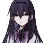  1girl akemi_homura bad_id bad_pixiv_id bangs black_hairband bow drill_hair ears_visible_through_hair eyebrows_visible_through_hair hair_between_eyes hairband highres long_hair looking_at_viewer mahou_shoujo_madoka_magica misteor purple_bow purple_hair shirt sketch solo violet_eyes white_background white_shirt 