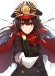  1girl bangs belt_buckle black_belt black_cola black_hat black_jacket blurry blurry_foreground blush brown_hair buckle cape closed_mouth commentary_request depth_of_field eyebrows_visible_through_hair family_crest fate/grand_order fate_(series) gloves hair_between_eyes hat highres holding holding_sword holding_weapon jacket koha-ace long_hair long_sleeves looking_at_viewer military military_hat military_jacket military_uniform oda_nobunaga_(fate) oda_uri outstretched_arm peaked_cap red_cape red_eyes smile solo sword uniform very_long_hair weapon white_background white_gloves 