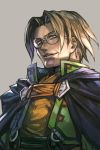  1boy bangs belt blue_cape blue_eyes brown_hair cape glasses grey_background grin hankuri high_collar japanese_clothes lezard_valeth looking_at_viewer male_focus parted_bangs parted_lips simple_background smile solo valkyrie_profile 