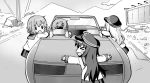  &gt;_&lt; 4girls :o akatsuki_(kantai_collection) anchor arm_support blush car clouds commentary_request day fang flat_cap folded_ponytail greyscale ground_vehicle hair_ornament hairclip hat hibiki_(kantai_collection) holding ikazuchi_(kantai_collection) inazuma_(kantai_collection) kantai_collection long_hair long_sleeves monochrome motor_vehicle multiple_girls object_hug open_mouth outdoors pleated_skirt rioshi rock school_uniform serafuku shirt sign sitting skirt solid_oval_eyes standing v-shaped_eyebrows vehicle_request very_long_hair 