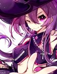  1girl aisha_(elsword) closed_mouth elsword fingernails hat long_hair looking_at_viewer nail_polish no_nose one_eye_closed oz_sorcerer_(elsword) purple_hair purple_hat purple_nails runia_(runia0) signature simple_background smile solo upper_body violet_eyes white_background 