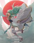  1girl 2018 bangs clouds commentary english english_commentary eyebrows_visible_through_hair fan fan_to_mouth fate/grand_order fate_(series) folding_fan green_hair hair_ornament happy_new_year highres holding holding_fan horns japanese_clothes japanese_flag kimono kiyohime_(fate/grand_order) long_hair long_sleeves looking_at_viewer mochii new_year obi pelvic_curtain sandals sash smile solo thigh-highs white_legwear wide_sleeves yellow_eyes 