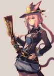  1girl animal_ears bangs belt black_hat breasts closed_mouth cowboy_shot ears_through_headwear gun hand_on_hip hat holding holding_gun holding_weapon long_hair long_sleeves looking_afar looking_away low_twintails medium_breasts original peroncho pink_eyes pink_hair puffy_shorts rabbit_ears shorts sleeve_cuffs smile solo standing tail tareme twintails uniform weapon white_shorts wristband 