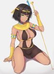 1girl ankh armlet band-width bangs black_hair blunt_bangs breasts circlet dark_skin egyptian egyptian_clothes erect_nipples eyebrows_visible_through_hair full_body gold green_eyes highres jewelry large_breasts looking_at_viewer navel necklace original revealing_clothes ring see-through short_hair simple_background sitting smile solo staff underbust vambraces wariza