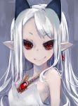  1girl bare_shoulders black_sclera character_request closed_mouth code-aa commentary_request disgaea dress gem highres horns jewelry looking_at_viewer pale_skin phantom_kingdom plum pointy_ears pram red_eyes slit_pupils smile solo upper_body white_dress white_hair 
